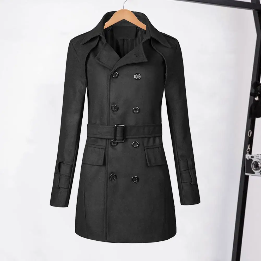

Men Autumn Winter Casual Business Coat Lapel Long Sleeve Double Breasted Pockets Belt Woolen Jacket Windbreaker
