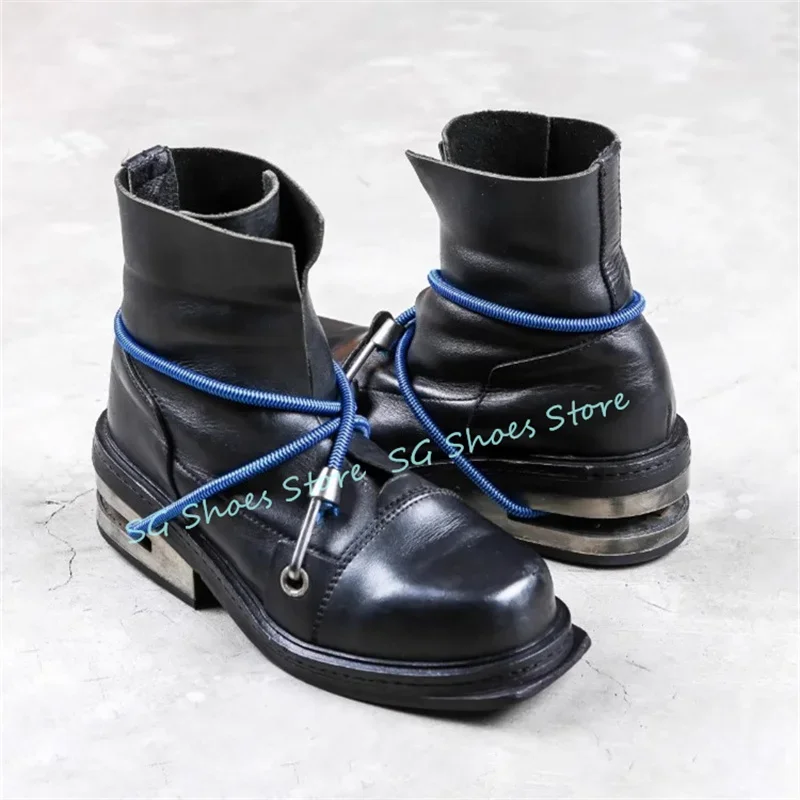

Fashion Design Strange Heel Cross Strap Motorcycle Boots for Men Black Round Toe High Heel Ankle Boots Male Outside Casual Shoes