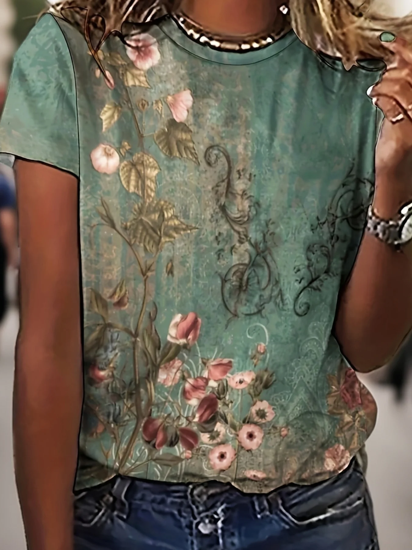 Women Short Sleeve T‑Shirt Vintage Distressed Green Floral Vine Flower Print Crew Neck Casual Summer Tops