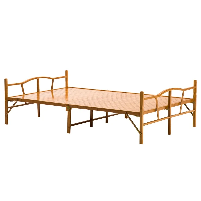 

Modern Bamboo Solid Wood Foldable Double Bed with Linen for Home Simple Rental House Hard Design for Adults Lunch Break Nap Bed