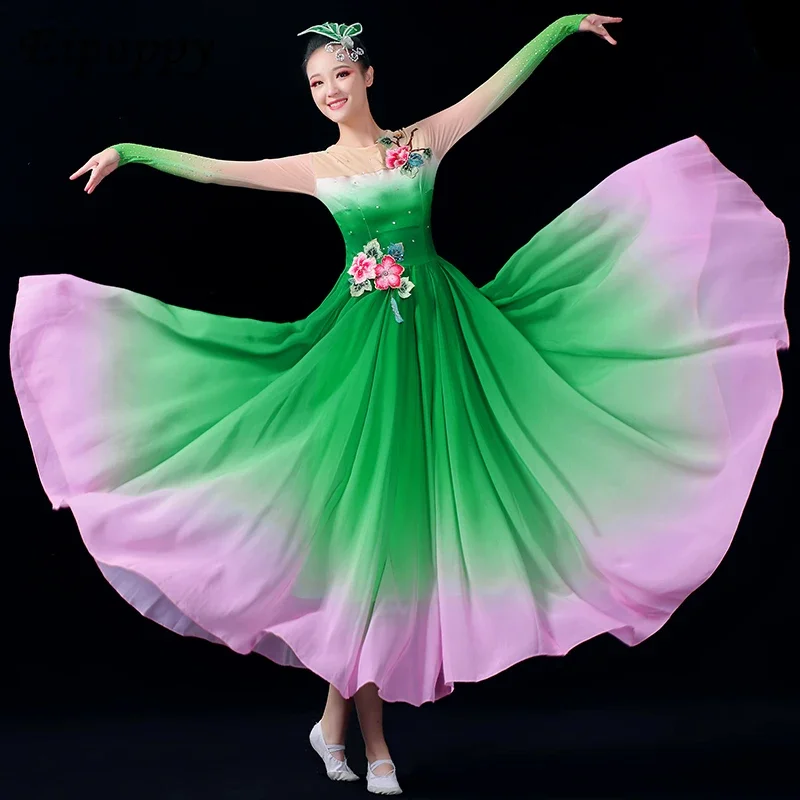 Vestido balanço grande feminino com abertura, traje moderno para performance, vestido de palco, fantasia elegante de dança 2024