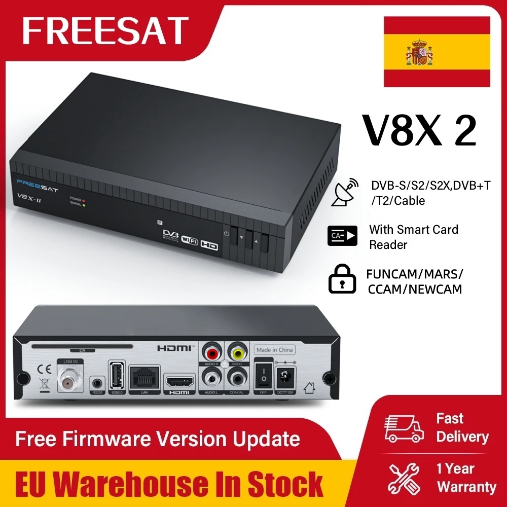 جهاز استقبال الأقمار الصناعية الرقمي FREESAT V8X 2 DVB-S/S2/S2X، H.264/H.265 WIFI مدمج، MARS/FUNCAM 1080P FHD TV Box مع فتحة بطاقة CA