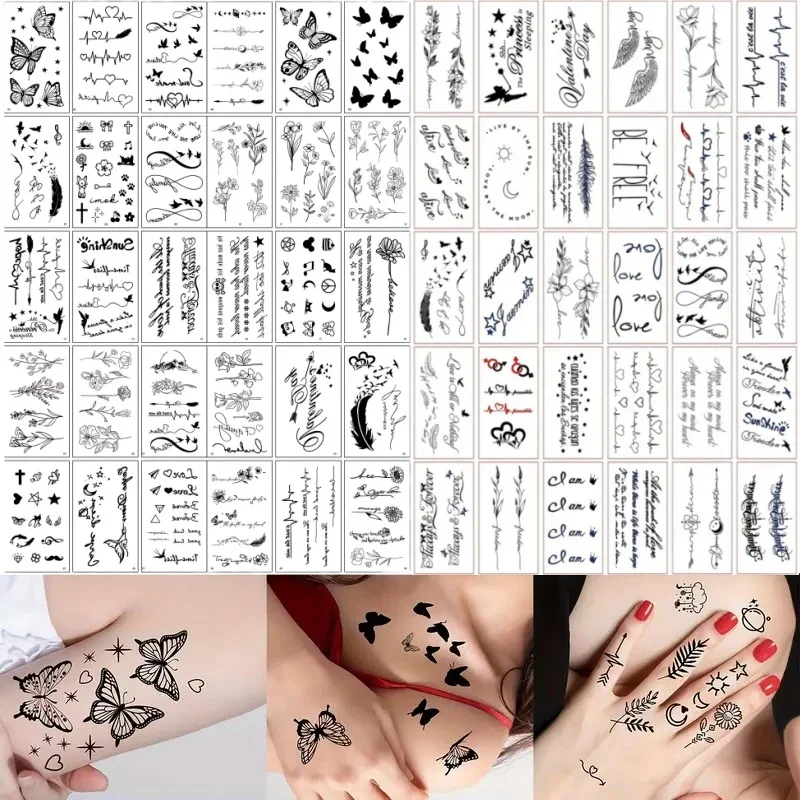 60pcs Letters Flower Tattoos Temporary Waterproof for Women Girls Branch Leaf Wild Plants Sketch Fake Tattoos Hands Finger Wrist