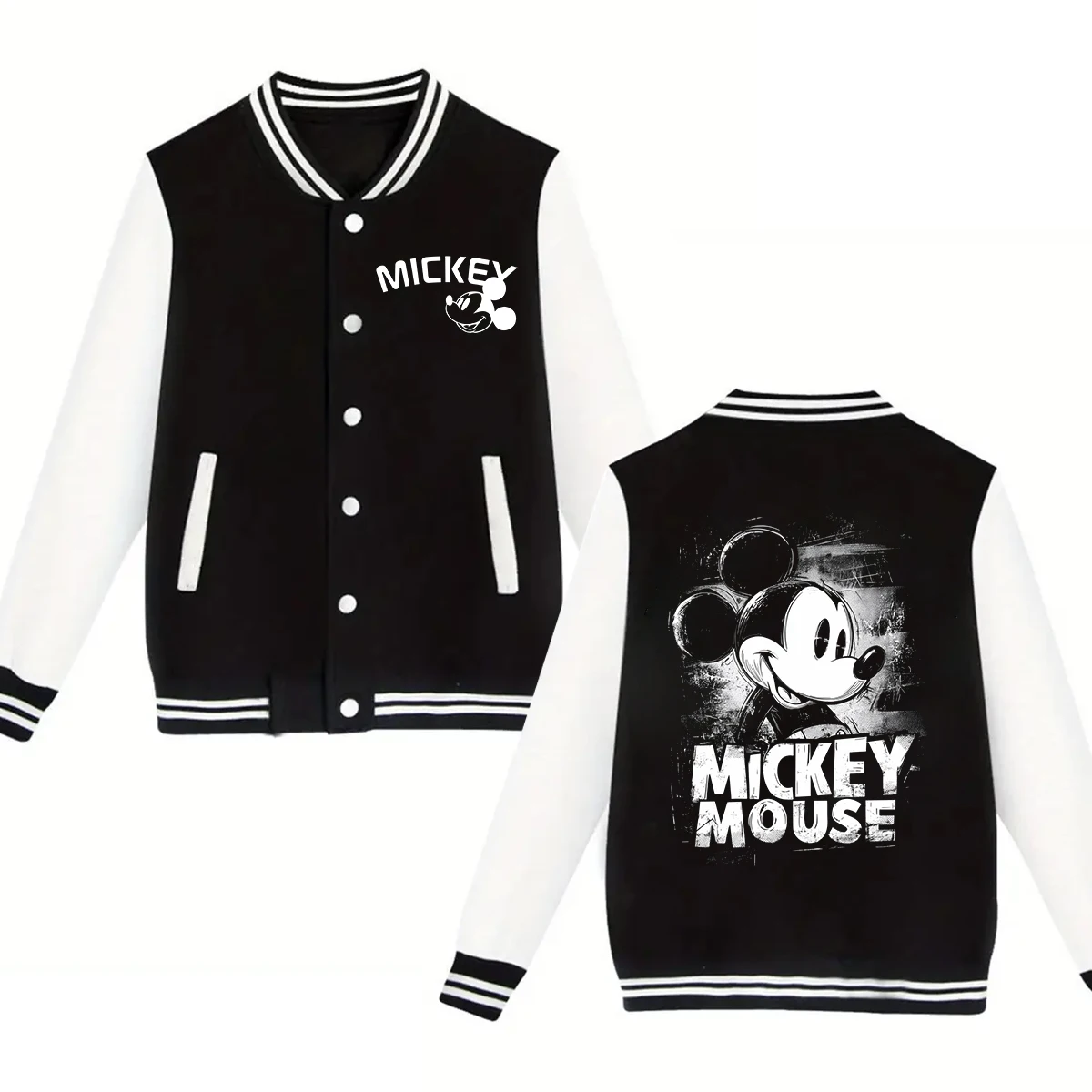 

Забавная классическая мужская и женская бейсбольная куртка с Микки и Минни Маус Диснея, осенне-зимние пальто, флисовая уличная одежда с круглым вырезом, толстовки для пар