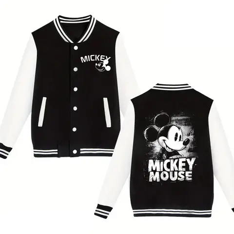 Divertida chaqueta de béisbol clásica de Disney de Mickey Minnie Mouse para hombre y mujer, abrigos de otoño e invierno, ropa de calle con cuello redondo, sudaderas con capucha para parejas