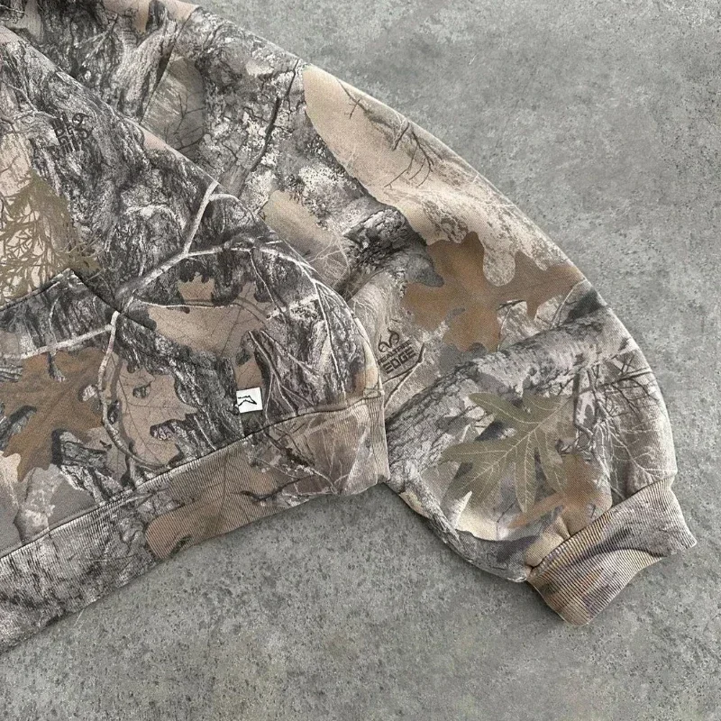 2000s Forest Camouflage Cotton Padded Jacket Marble Oversized Zipper Sweatshirt American Street Washed Pure Cotton Unisex Hoodie