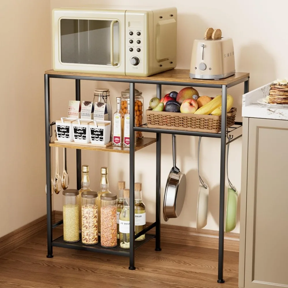 

Microwave Stand, Coffee Bar Cabinet, Multifunctional Pan Organizer with 6 Hooks and 3 Shelves, Bakers Rack for Shove