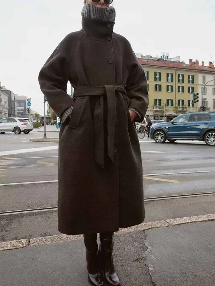

European and American style winter new arrivals fashionable and simple women's clothing, versatile soft stand collar belted coat