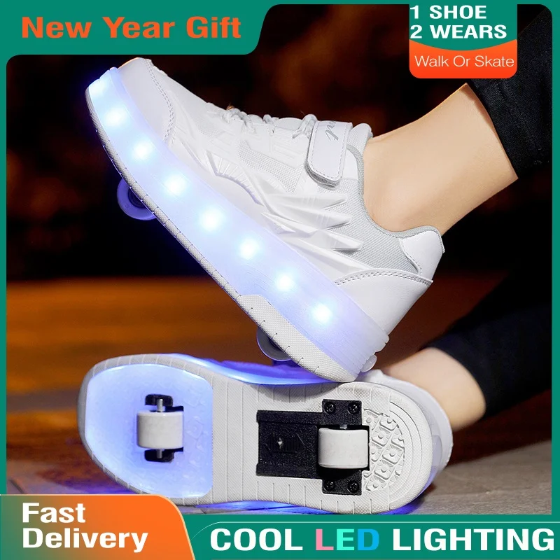 Kids LED Light Roller Skates for Boys and Girls Illuminated Roller Skates Sports Shoes with Wheels Size:29--41 White Pink Black