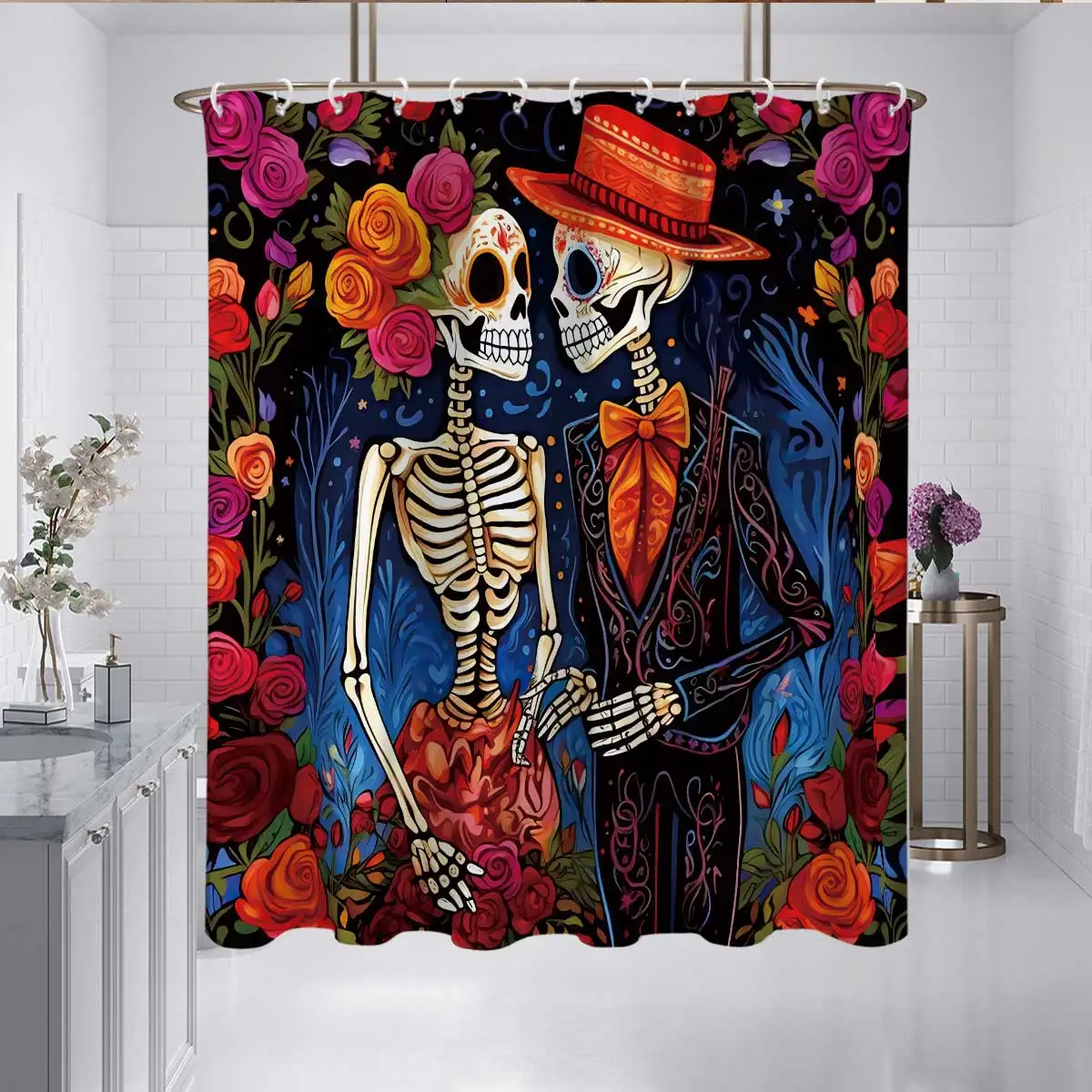 1 Pc Day Of The Dead Skeleton Flowers Shower Curtain With Hooks Machine Washable For Shower Partition And Privacy Protection