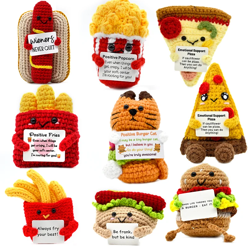 Food Series Positive Energy Crochet Doll, Handmade Knitted Pizza Hamburger Hot Dog Decor Ornament with Encouragement Card