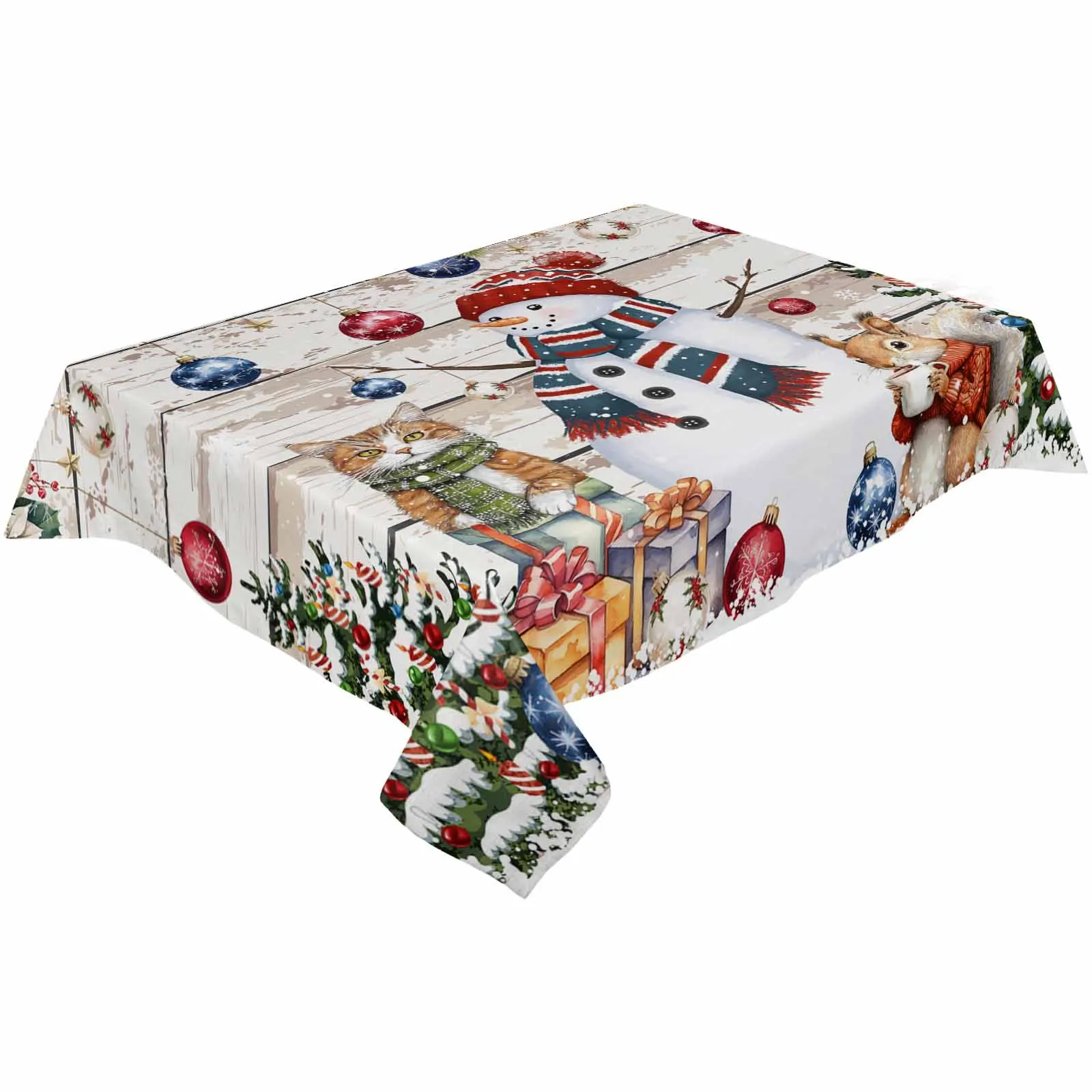 Snowman Snowflake Christmas Tree Ball Gift Cat Squirrel Waterproof Tablecloth Dining Table Cover Kitchen Decoration Table Cloth