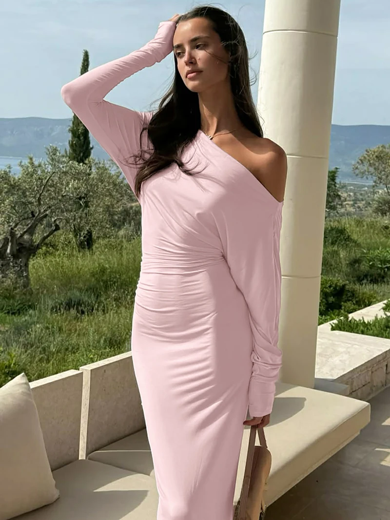 DGLUKE 2025 ใหม่ปิดไหล่ชุด Maxi Slash คอ Batwing แขนยาว Elegant Long Party Prom Dress