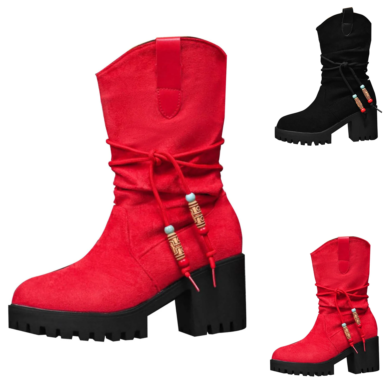 الشتاء المرأة رقيق ديكور الأحذية الانزلاق على عادية صندل بكعب مكتنز الأحمر الجلد المدبوغ بوتاس عيد الميلاد منتصف العجل الأحذية السيدات الأحذية 2025