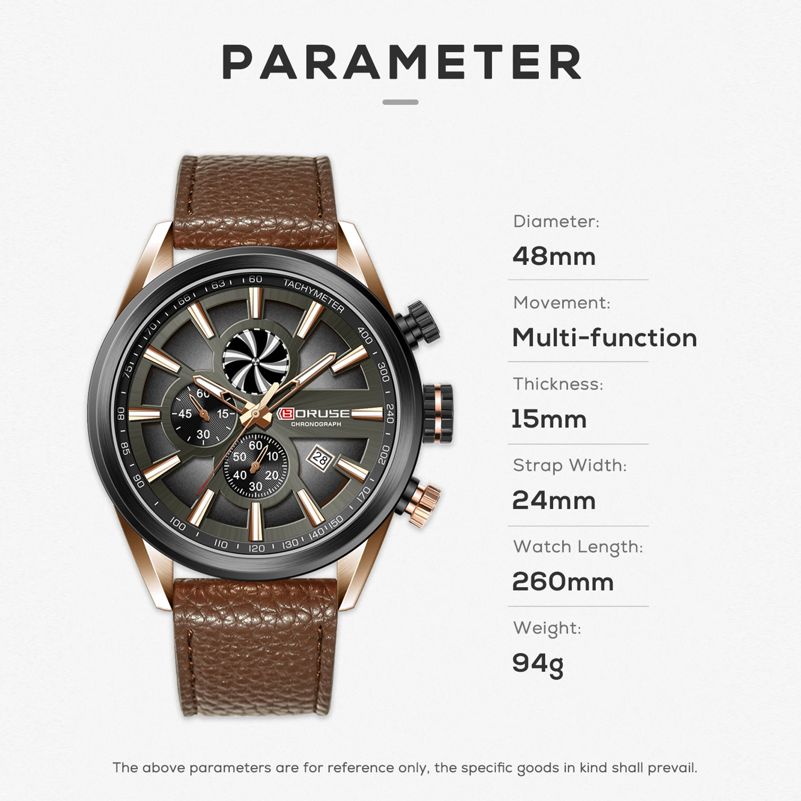 BORUSE Luxury Brand Men Sports Watch Male Casual Brown Leather Strap Date Wristwatches Men's Quartz Watches Relogio Masculino