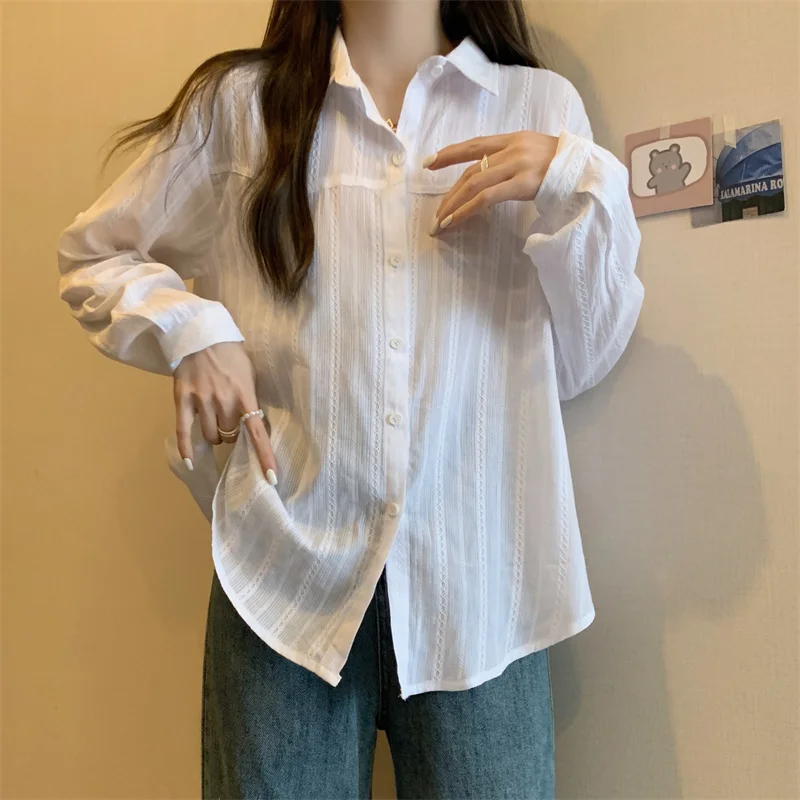 

S-4XL Large Size Striped Thin Shirts Women Casual Minimalist Style Long Sleeve Loose Chic Blouses Tops 2023 Female Clothing