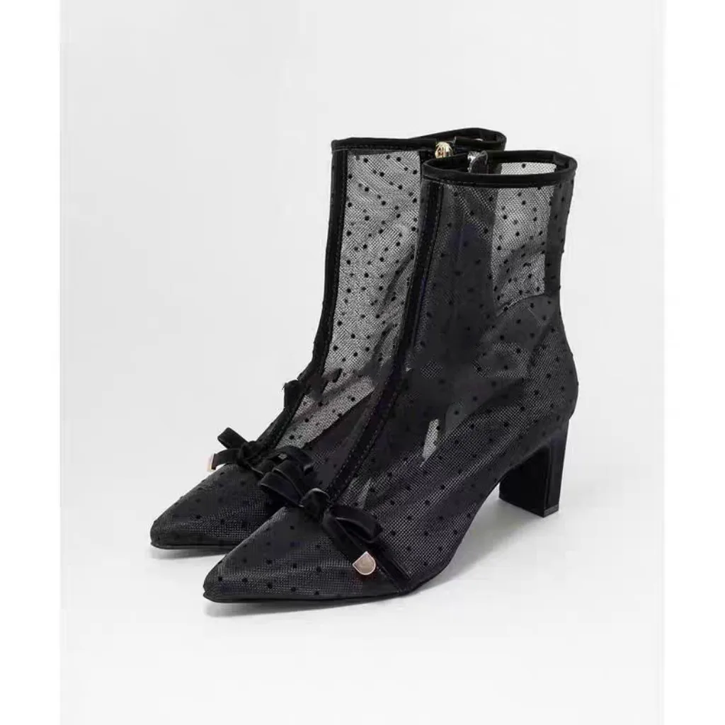 

Mesh Polka Dot Pointed Toe Butterfly-Knot Mid-Calf Women Boots Chunky High Heels Side Zipper Design Large Size Shoes