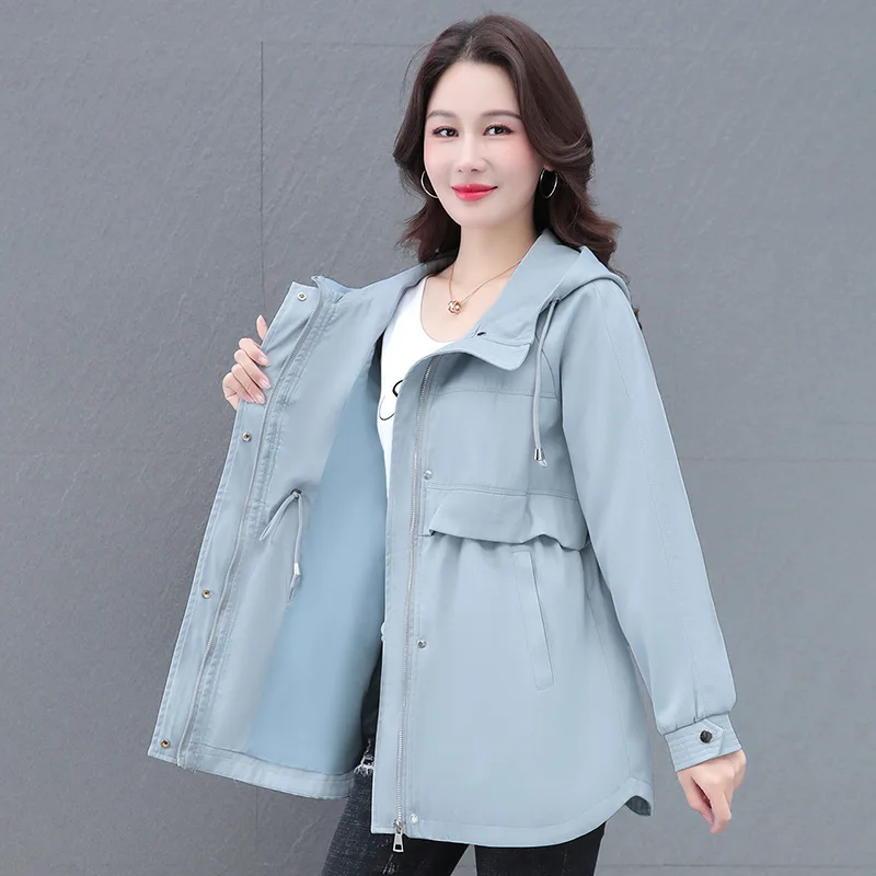 Damska odzież wiosenno-jesienna, płaszcz typu trencz o średniej długości, nowa moda 2025, damski casualowy top z kapturem, khaki wiatrówki, podstawowy płaszcz damski.