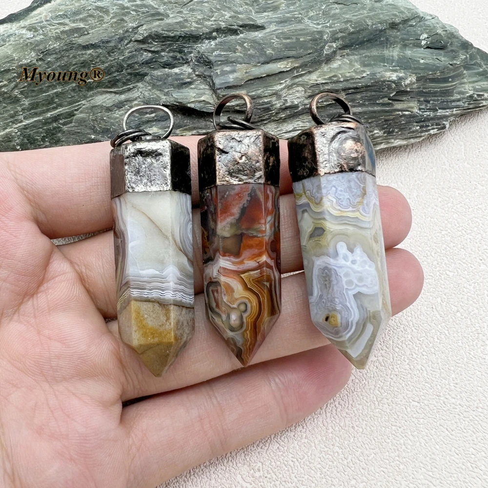 

10PCS Bronze Plated Vintage Boho Jewelry Large Natural Stone Mexican Crazy Agates Tower Point Necklace Pendant MY230903