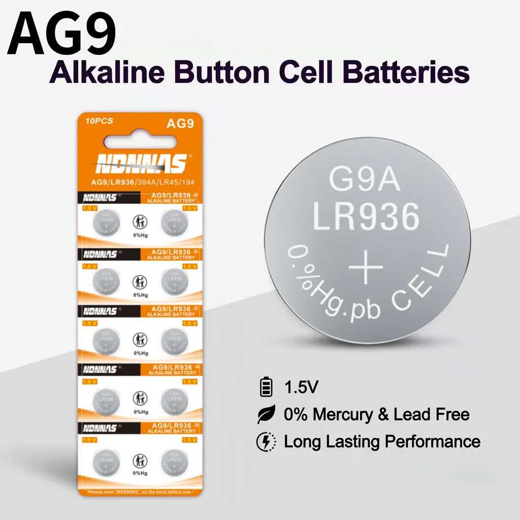 

AG9 LR936 394 LR45 194 1.5V Alkaline Button Cell Batteries 0% Hg Pb Free for Watch Calculator Toy Car Key Fob