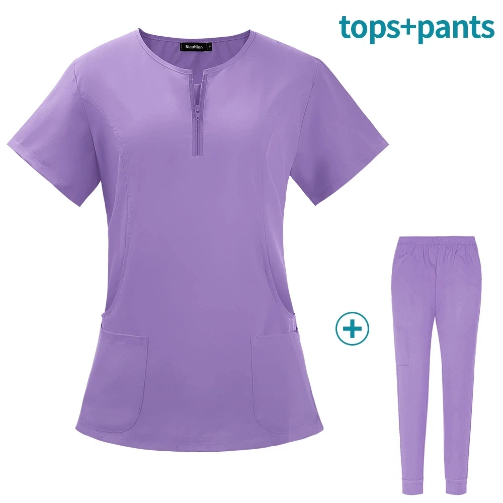 Stretch Slim Fit Cerniera Scollo a V Manica corta Scrub Set Uniformi mediche Abiti chirurgici Accessori per infermiere Salone Spa Set di abbigliamento da lavoro