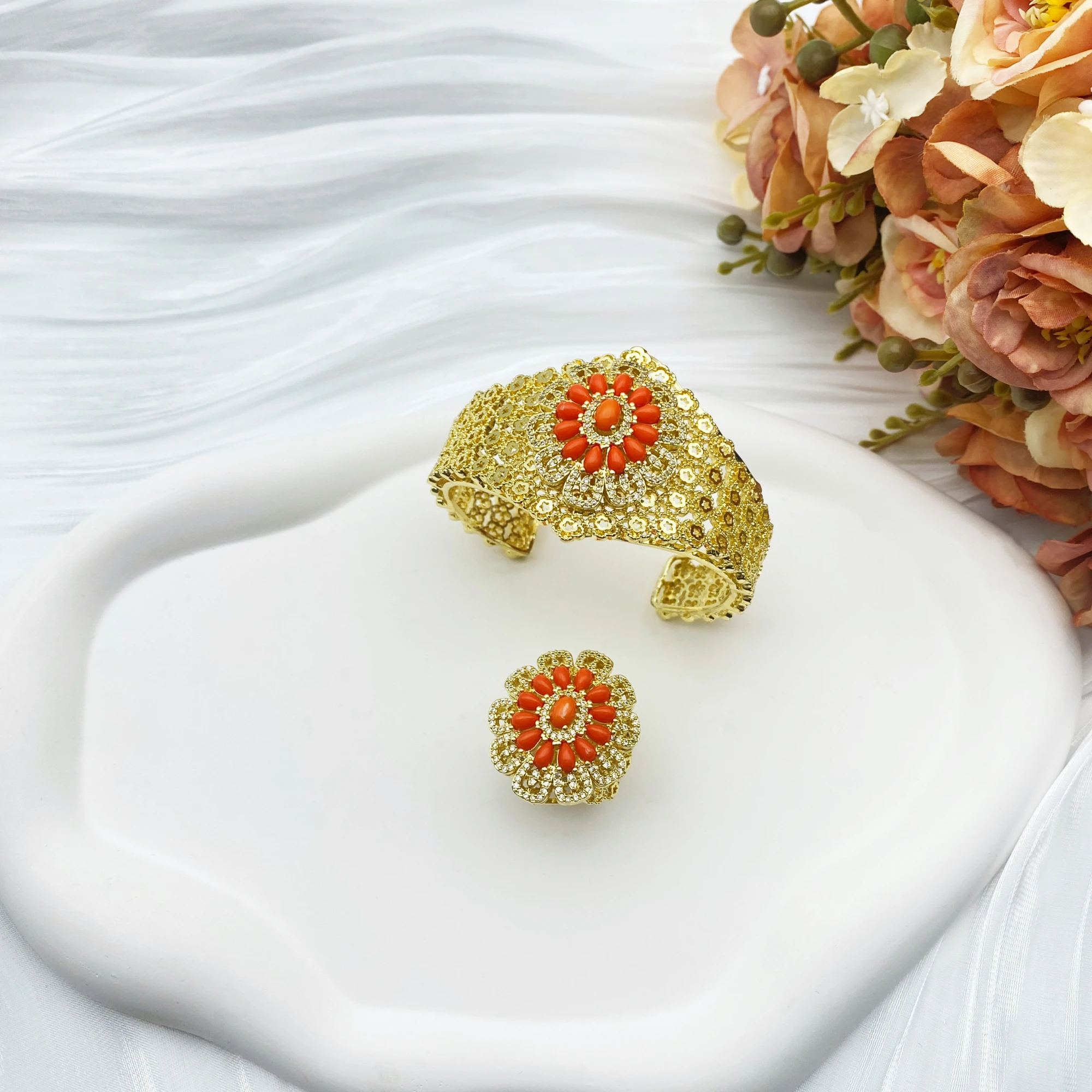 

Flora Vintage Adjustable Open Bracelet Ring Set Gold Plated Copper with Zircon Women Jewelry Gift Packaging