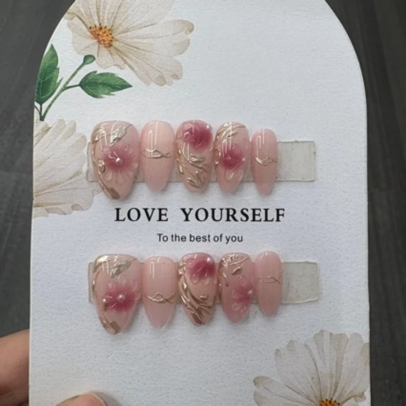 

10 шт., короткие миндалевидные ногти ручной работы Pure Desire, розовые императорские ногти с ручной росписью и розой, идеально подходящие для подарков девушек и друзей