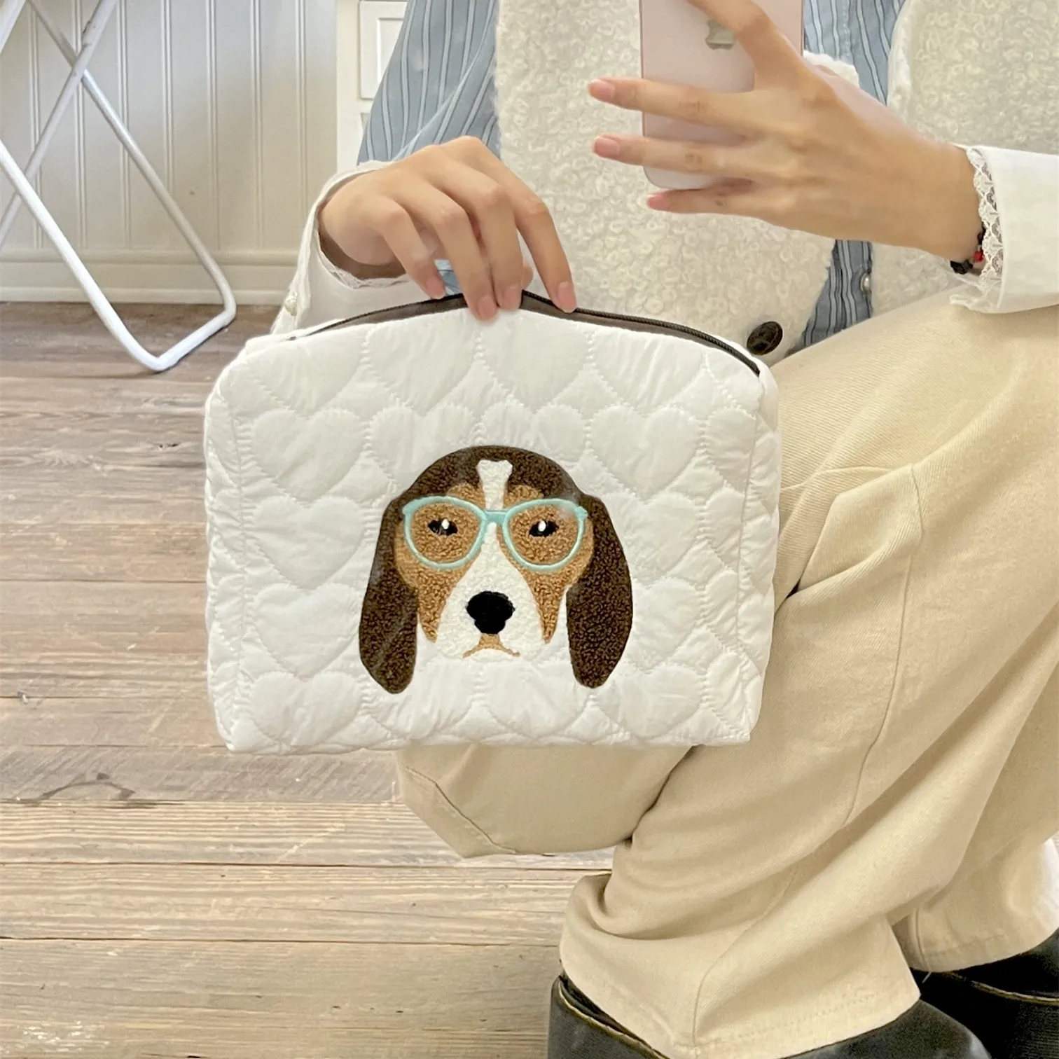 Cute Puffy Makeup Bag Cotton Dog Cosmetic Bags for Women Handbag Dinosaur Cotton Padded Wash Bag Embroidery Storage Bags Clutch