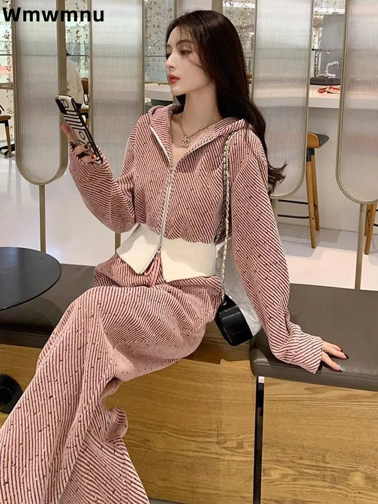 

New Fashion Casual Sports Conjuntos Women's Slim Fit Korean Ensembles Straight High Waist Drawstring Pants Two Piece Set