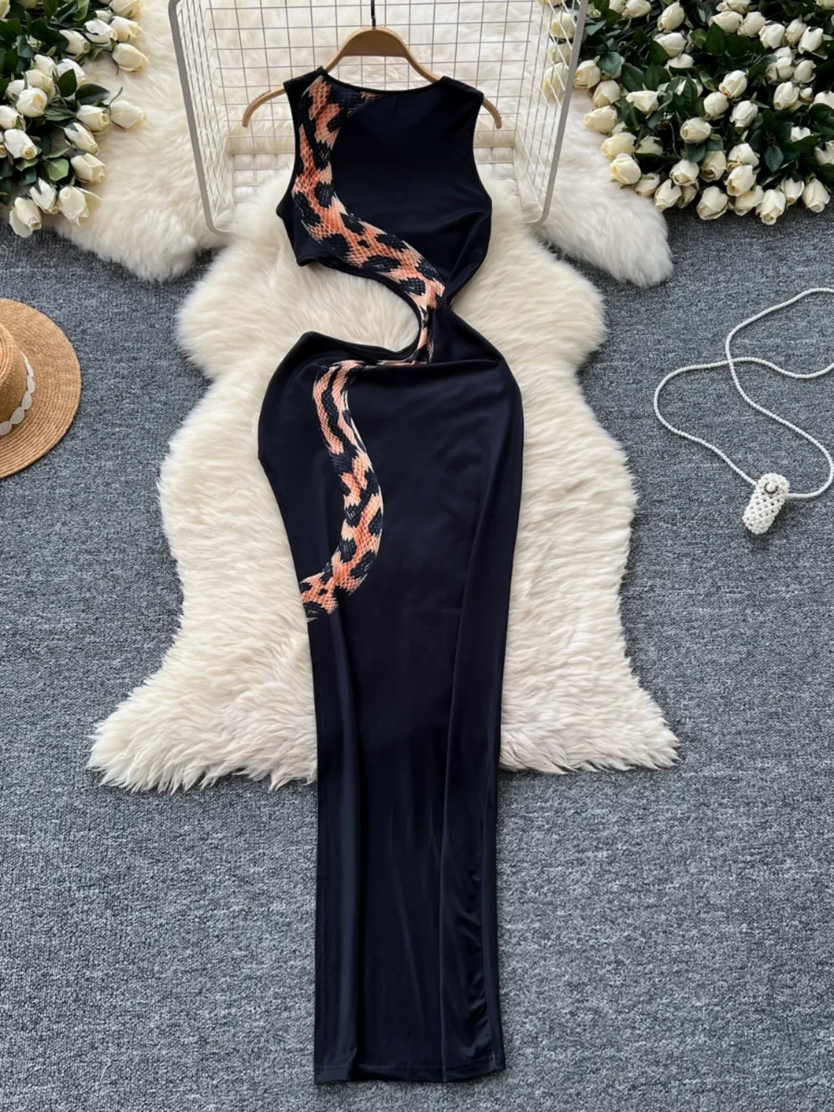 SsTss Seductor Pure Lust Sexy Recorte Cintura Delgada Estampado de Serpiente Sin Mangas Maxi Vestido Bodycon para Mujer