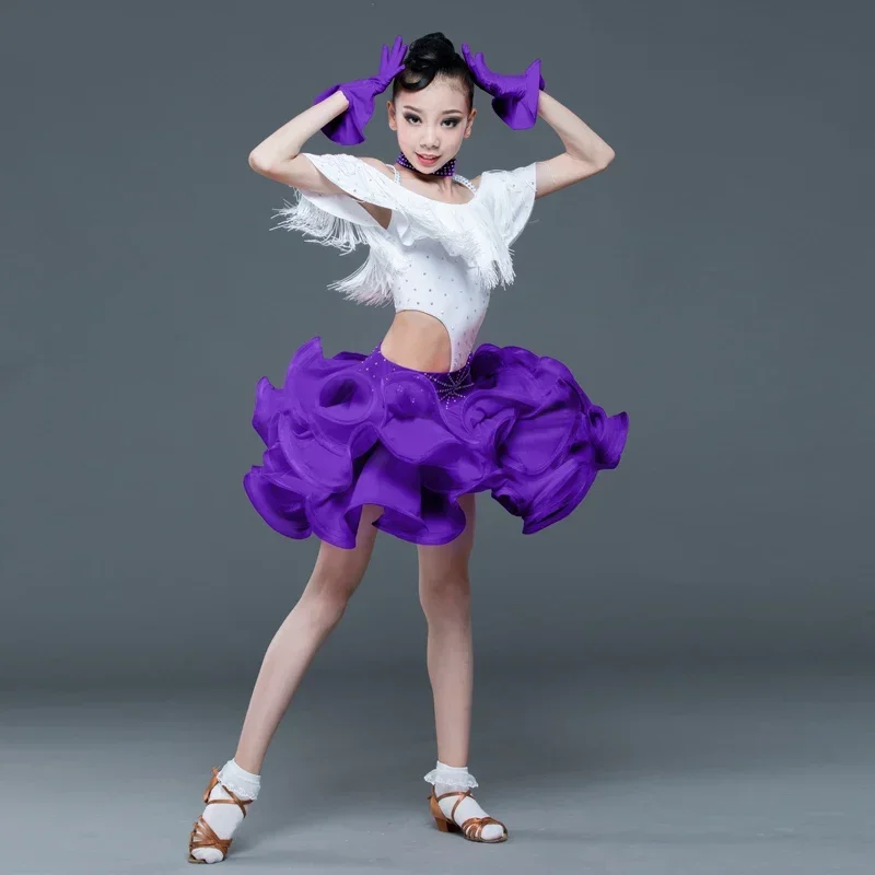 New Professional Children'S Latin Dance Costumes High-End Competition Skirts Girls' Diamond-Studded Fringe Floral Dress