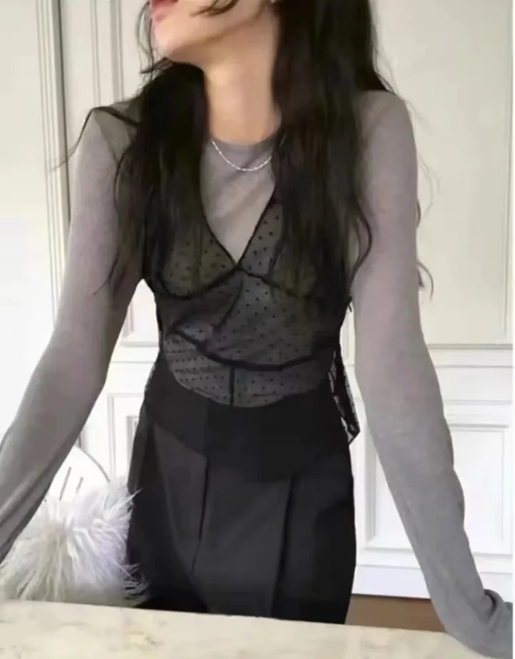 Kore Ins aynı dantel dalga noktası kaşkorse elbise bayan örgü kolsuz orta uzunlukta kapak Up elbise yaz yeni Y2K kız Spicy Girlsf