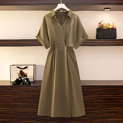 150Kg Plus Size Women's Temperament Shirt Dress Bust 157 Summer Loose Short-Sleeved V-Neck Waist Long Dress 6XL 7XL 8XL 9XL 10XL