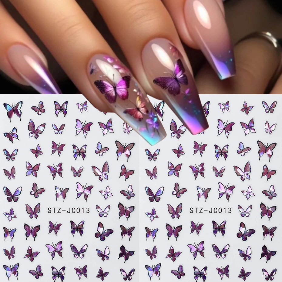 2 stuks 3D zelfklevende holografische laser glitter vlinder nagelstickers paarse vlinder ontwerp nagelstickers voor doe-het-zelf manicure