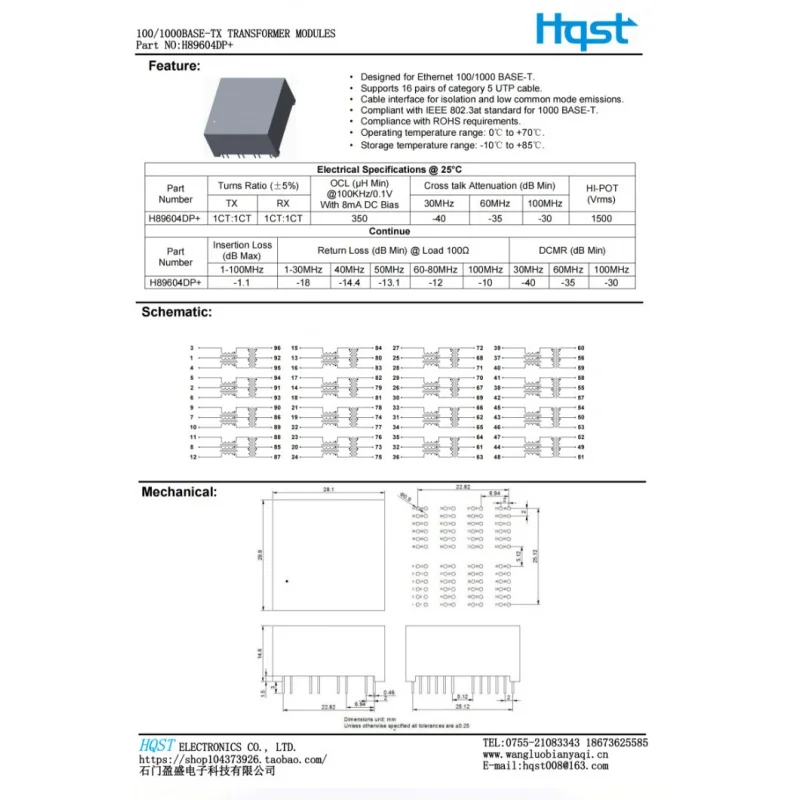 Hqst96pin Direct Plug Gigabit Four-Port Pulse Isolation Filter Network Transformer Module Factory Direct Sales