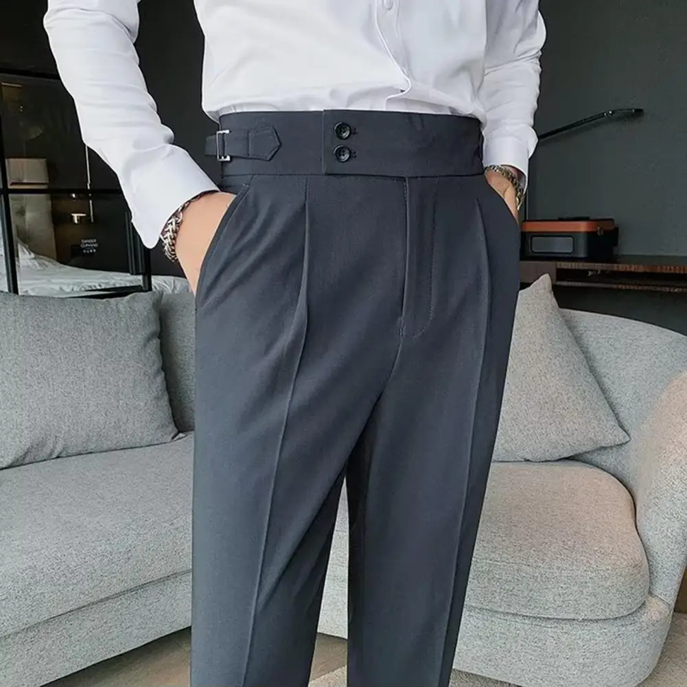 Pantalones formales clásicos para hombre, pantalones de oficina, ajuste Delgado, cintura alta, bolsillos Vintage, estilo Formal de negocios, pierna recta