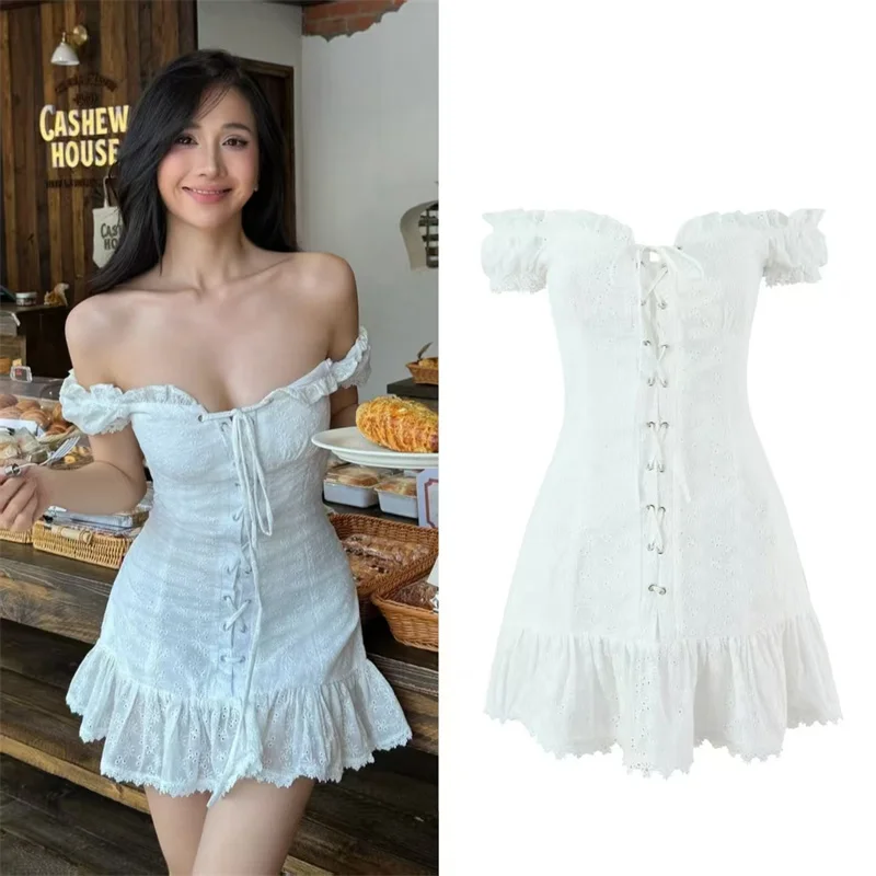 Vestido Feminino Novo Slim Fit Branco Primeiro Amor Bordado Oco com Laço Camadas Manga Curta Mini Vestido