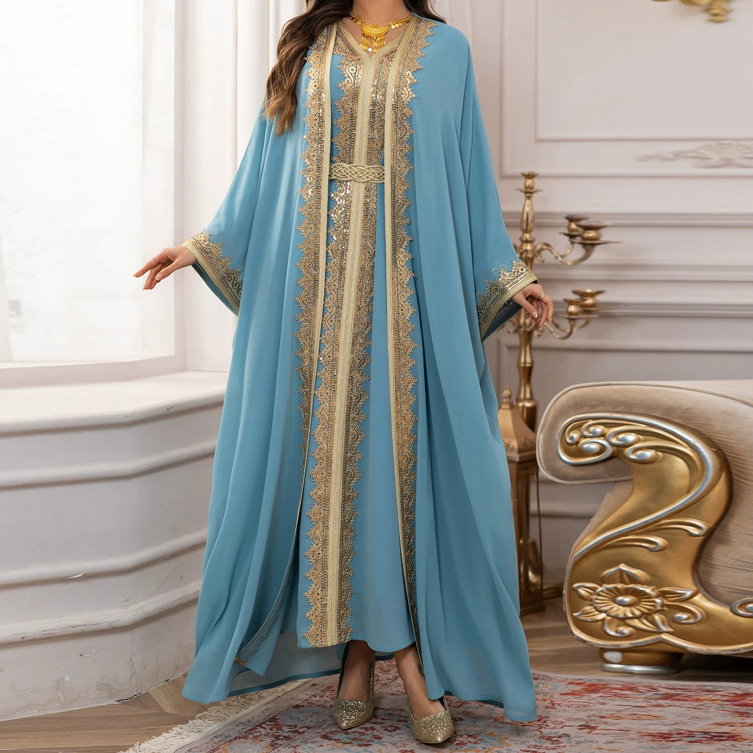 

Women's summer lace ribbon patchwork robe two-piece set with belt chiffon dress-GZXX529