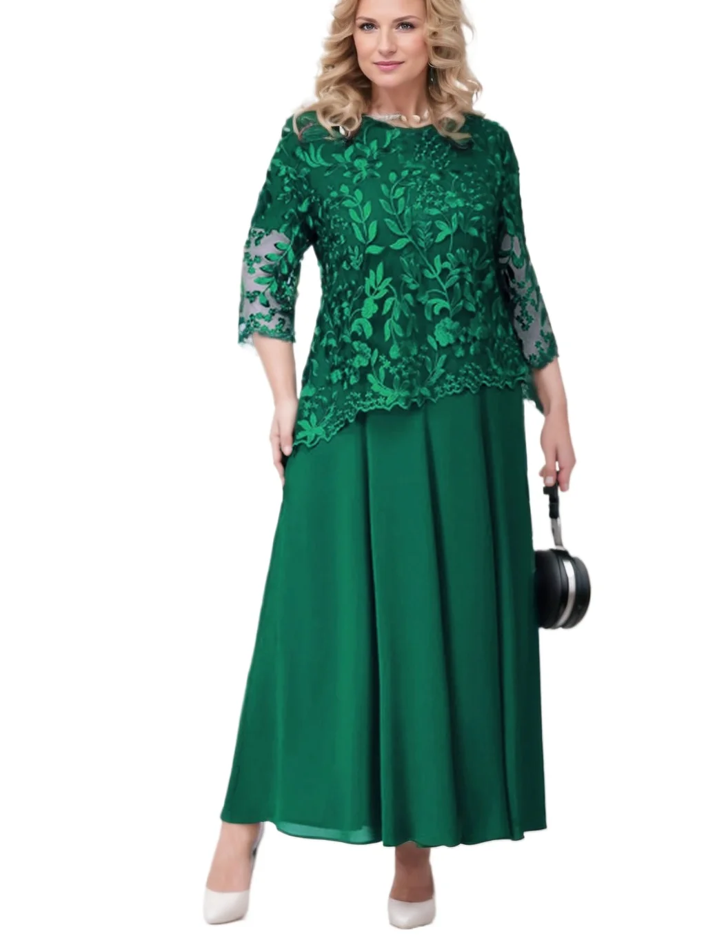 

Elegant Embroidery Plus Size Formal Evening Mother Of Bride Dress With Sleeves Green Blue