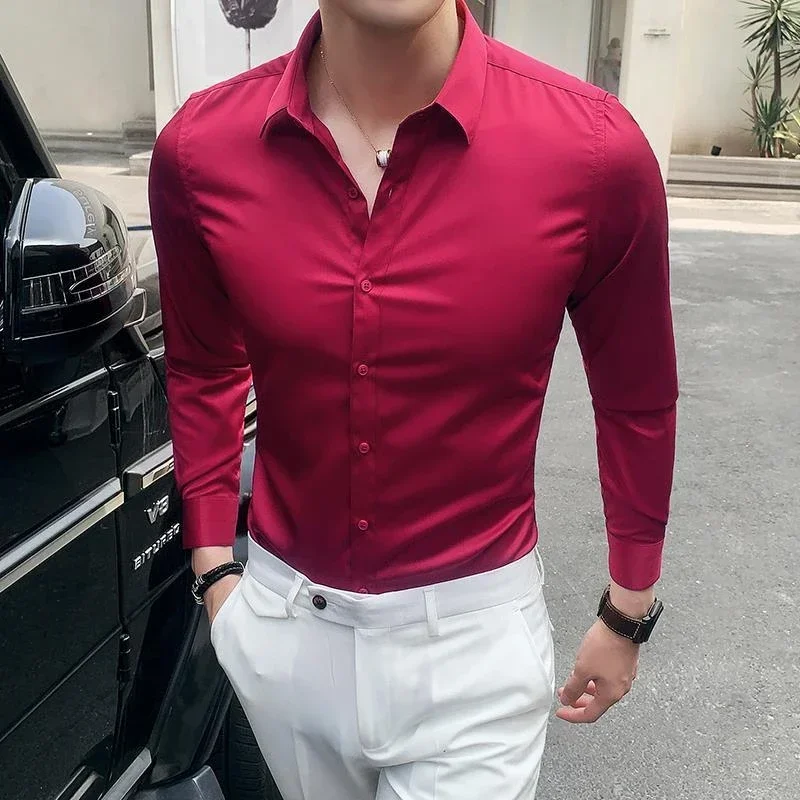 Men Tops Business Red Formal Plain Shirts And Blouses For Long Sleeve High Quality Luxury Designer Vintage Cotton Clothing S M13