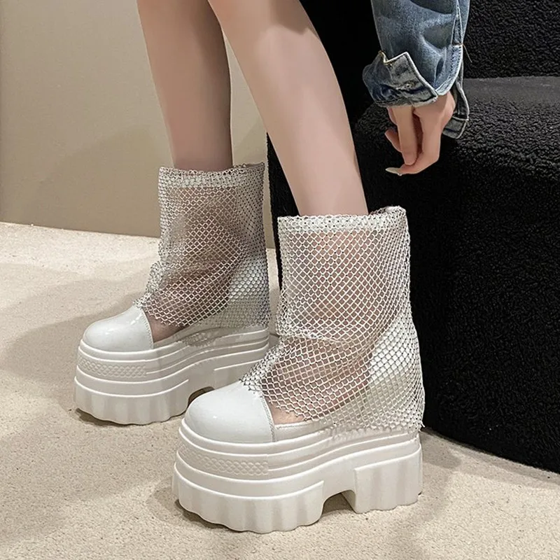 14cm 2026 Super High Women's Stud Wedges Platform Booties Round Cool Ankle Boots New Spring Summer Street Style Trending Shoes
