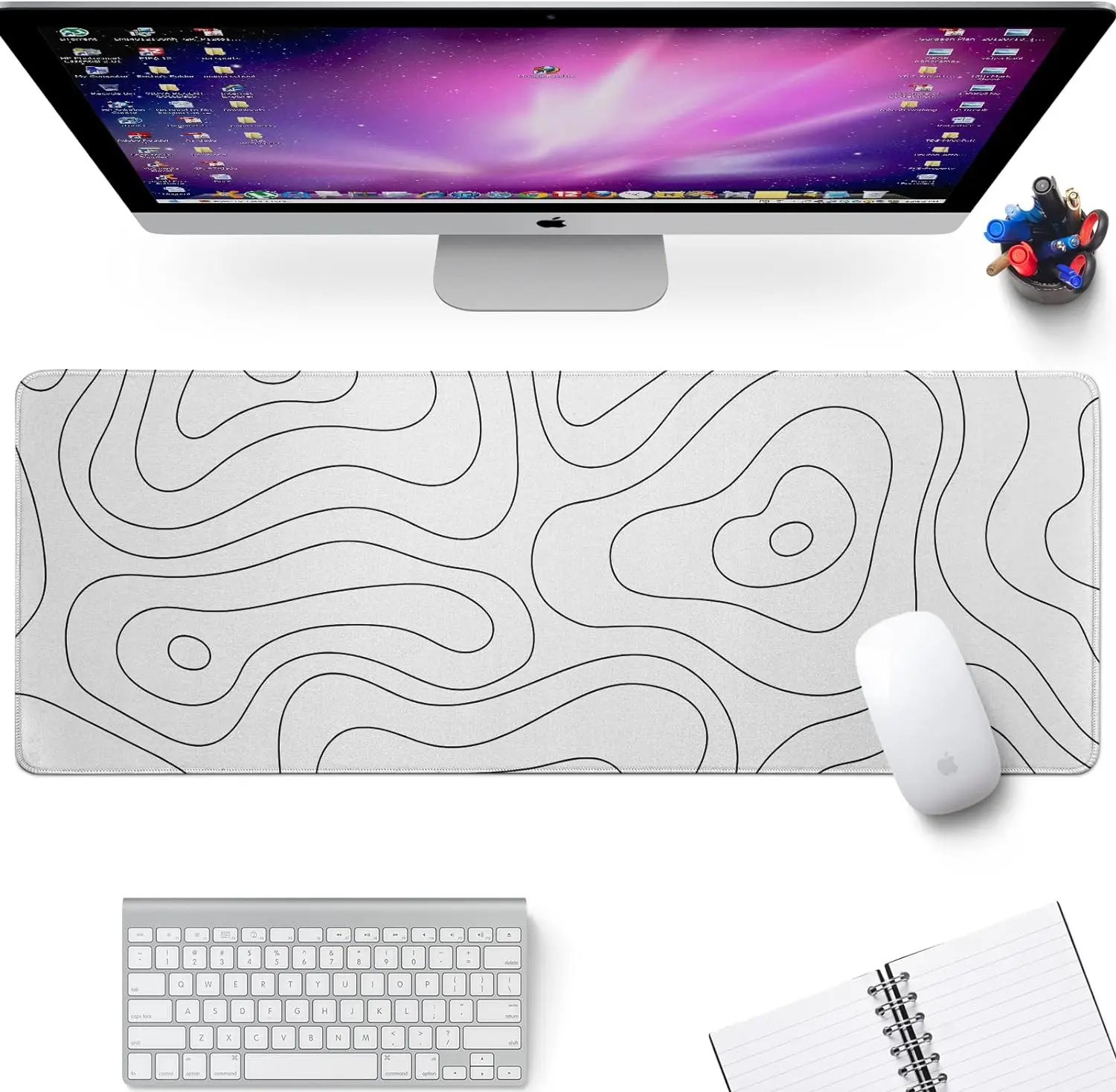 Topographic Map Mouse Pad White Large Gaming Mousepad Desk Pad Big Keyboard Mat Computer Mouse Mat Stitched Edge Non-Slip Rubber