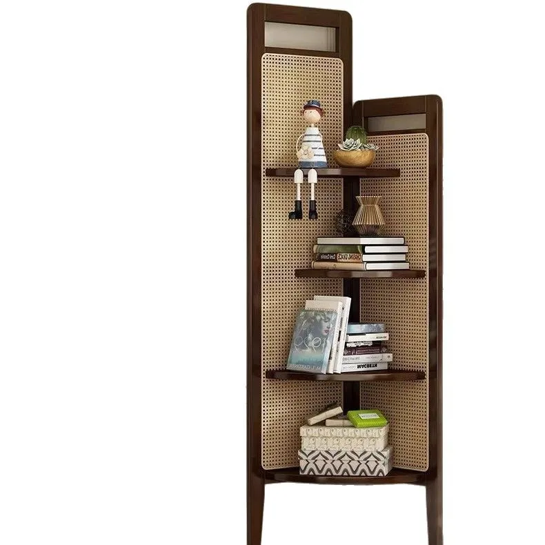 

Retro solid wood triangular corner cabinet rattan weaving living room multi-layer storage cabinet study