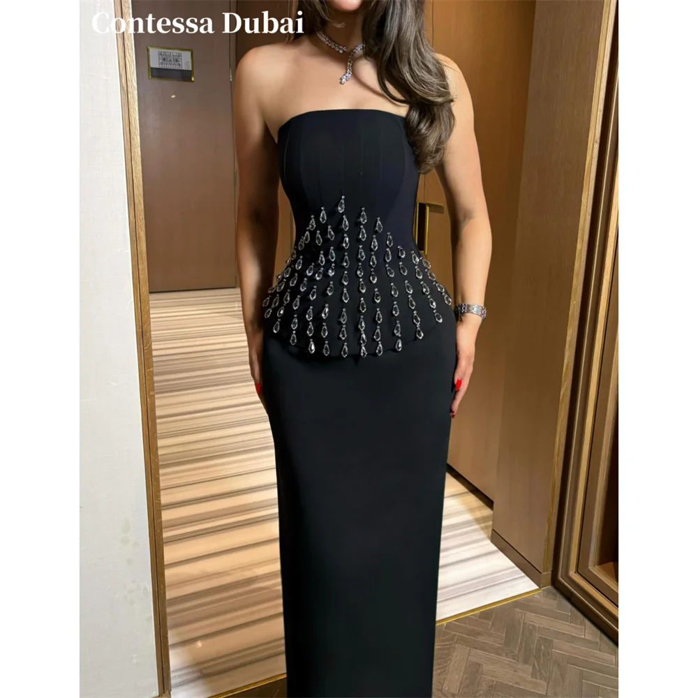 Contessa Custom Black Strapless Evening Dress Teardrop Crystal Peplum Prom Dresses Crepe Vestidos De Noche Slim Formal Evening