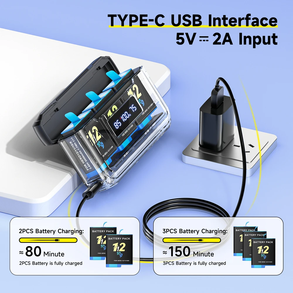 بطارية 2000 مللي أمبير في الساعة لبطارية GoPro Hero 12 بطارية كاميرا الحركة + شاحن LCD ثلاثي القنوات لكاميرات GoPro Hero 9 10 11 الرياضية