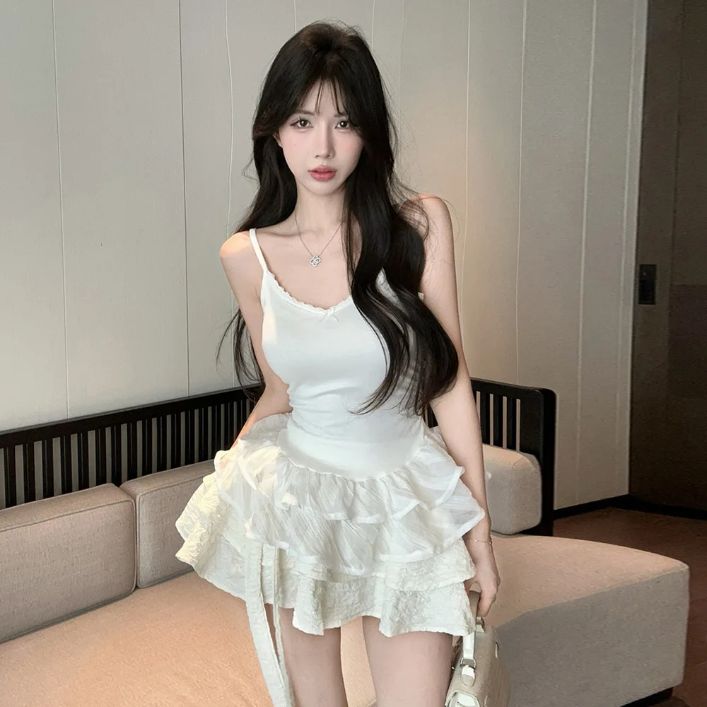 

Sweet Girl Style Cake Skirt Slim Fit Strap Lace Hem Spring Season Women's Casual Sportswear Set Private Label Brand