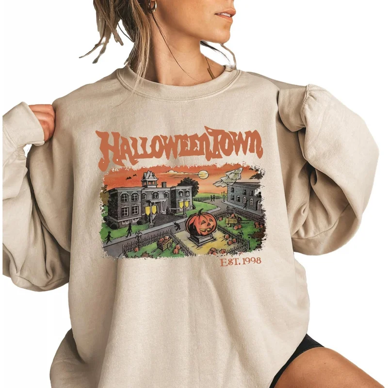 

Halloween retro round neck sweatshirt 1998 Retro sand colored sweater suitable for both men and women loose fit plus size