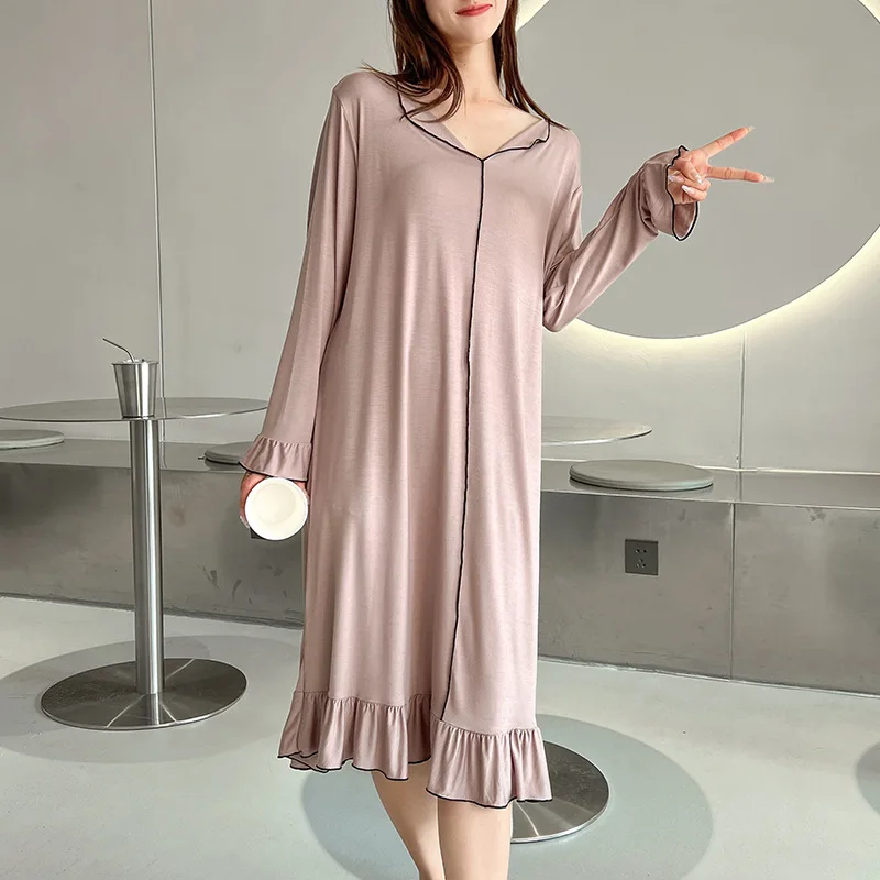 Fdfklak Modal Night Dress Women Lingerie Sexy Sleepwear Spring Summer Long Sleeve Nightgown V-Neck Leisure Girls Nightdress