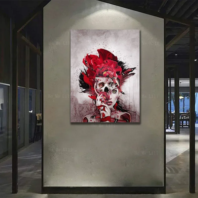 A Red Headed Witch With A Poppy And A Skull Mask The Living Room Wall Is Decorated With Art By Ho Me Lili