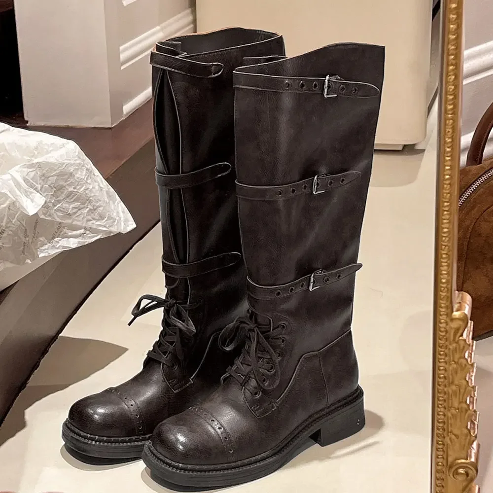 المرأة حذاء برقبة للركبة خمر حزام مشبك تصميم الأحذية النسائية موضة فارس التمهيد جلدية طويلة أنبوب الأحذية بوتاس Largas Mujer #3